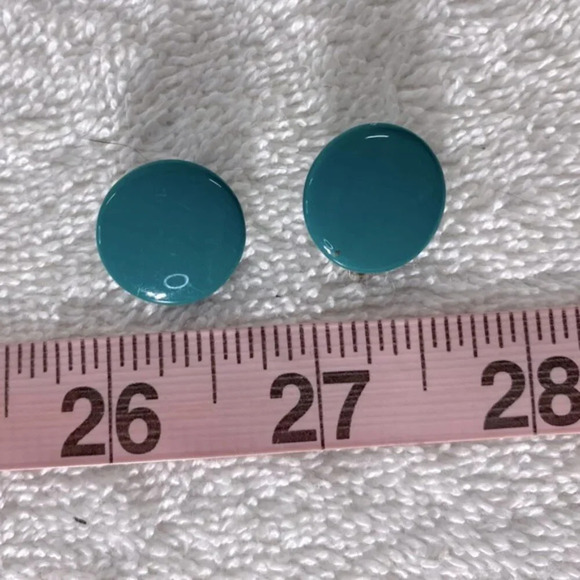 Vintage Teal Painted  Metal Circle Clip On Earrings - Picture 7 of 7